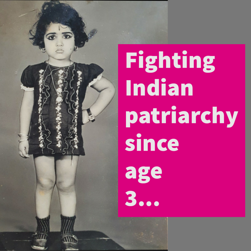 Sangeeta Pillai aged 3, in a black and white photo wearing a short cropped dress