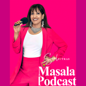 Sangeeta Pillai creator of Masala Podcast holds a microphone wearing a fuschia pink suit against a pink background.