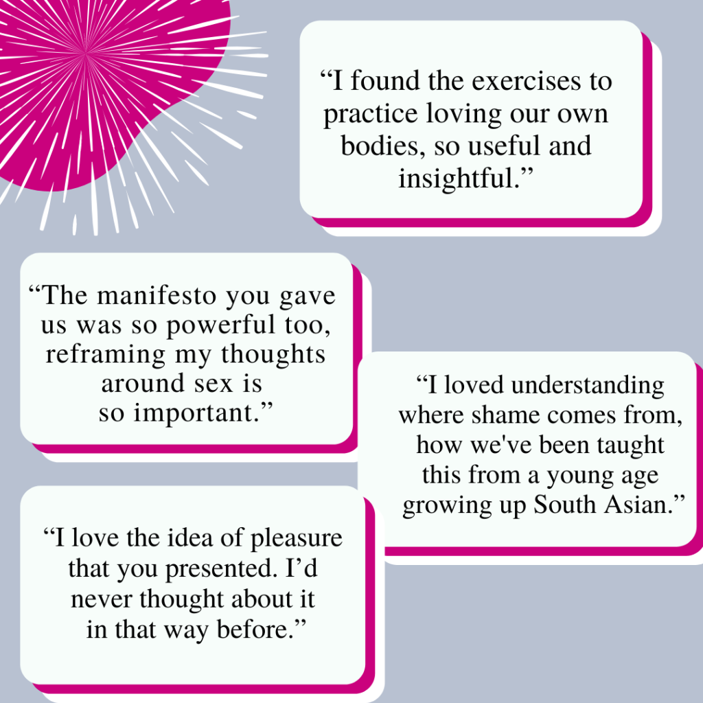 Sex masterclass workshop from Soul Sutras, previous South Asian participants give positive feedback. 