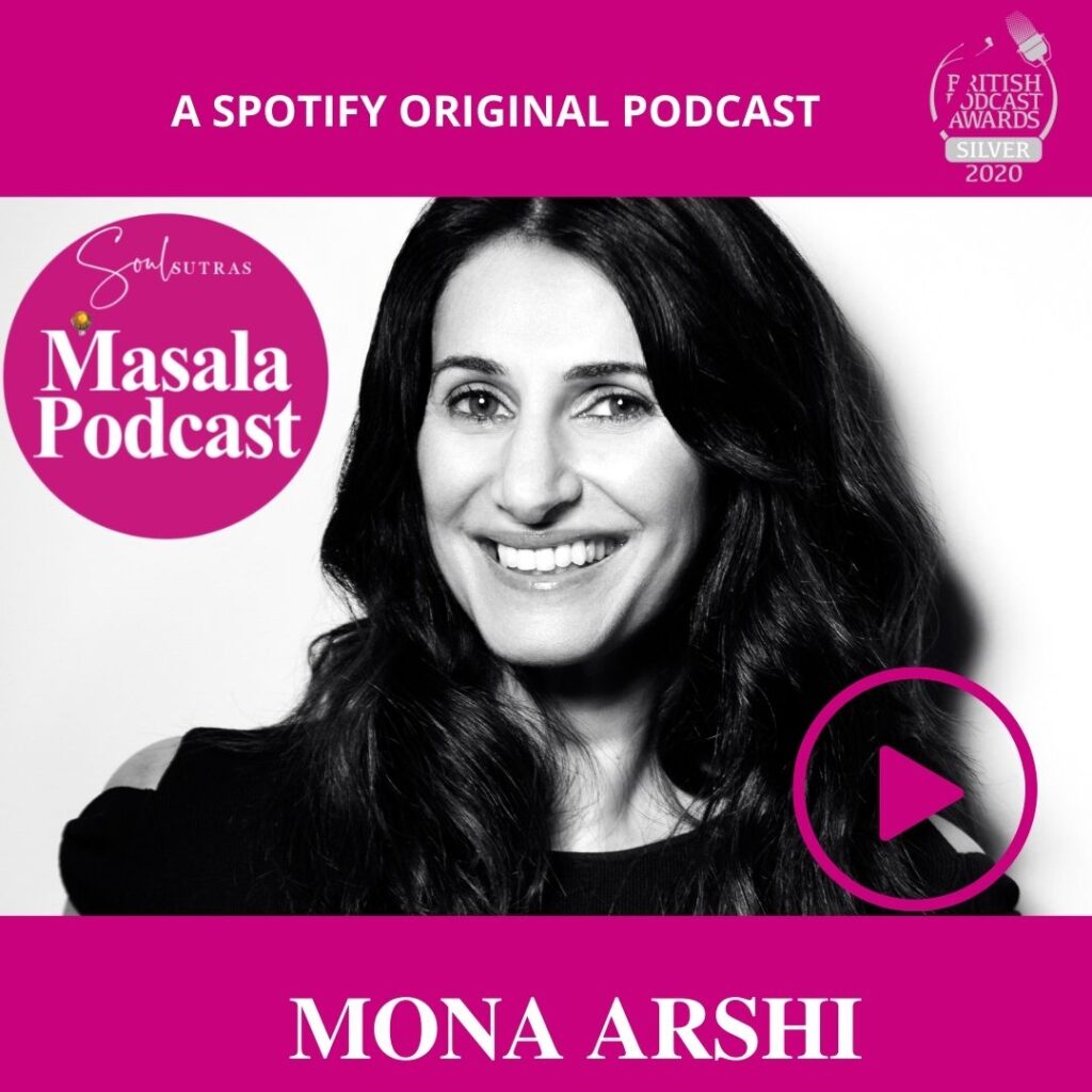 The poet Mona Arshia on Masala Podcast, talking about grief on the top feminist podcast for South Asian women,